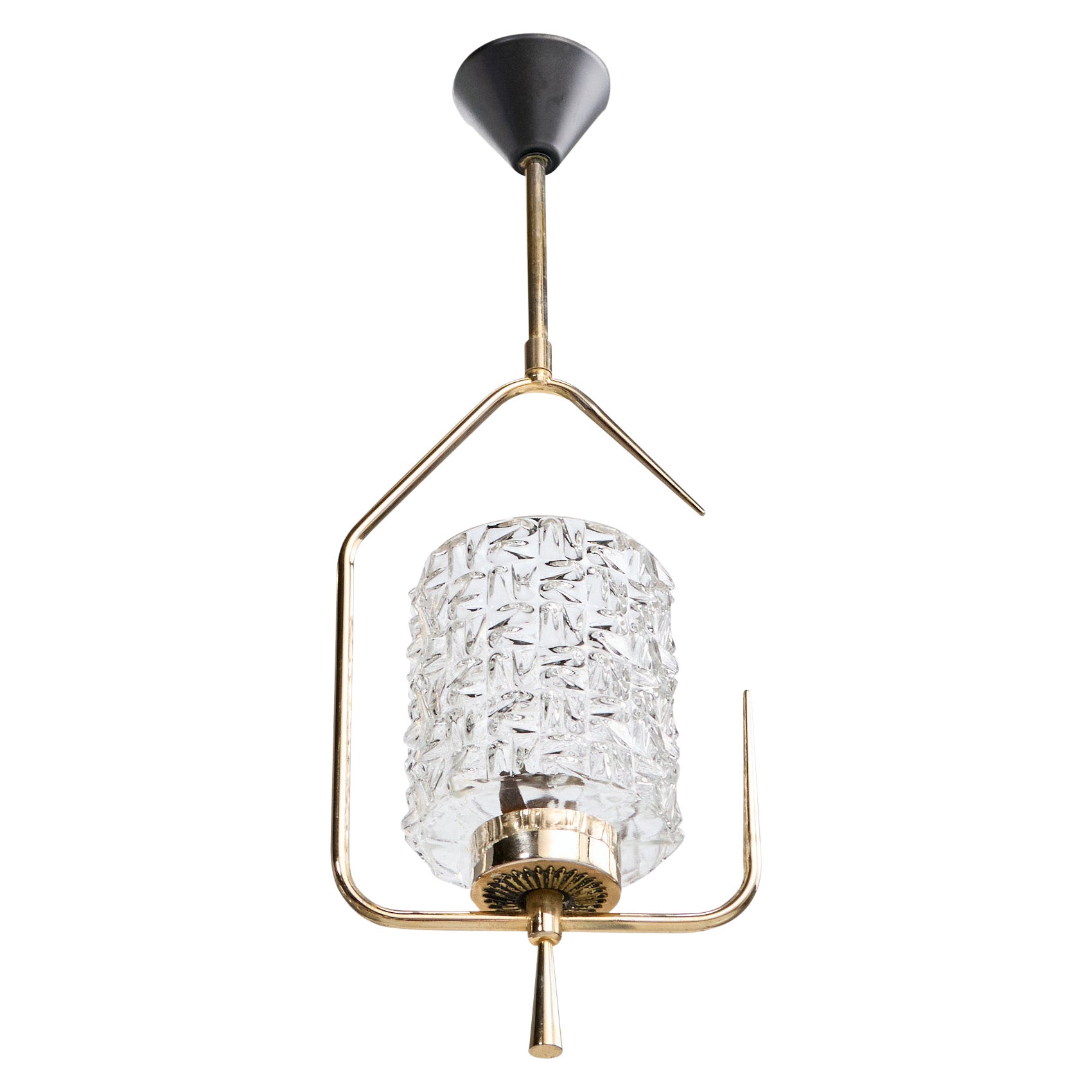 French Designer, Pendant Light, Brass, Metal, Glass, France, 1950s