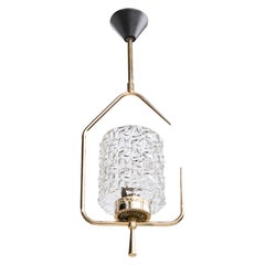 French Designer, Pendant Light, Brass, Metal, Glass, France, 1950s