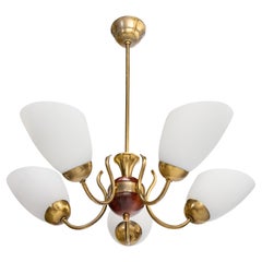 Swedish Designer, Chandelier, Brass, Wood, Glass, Sweden, 1950s