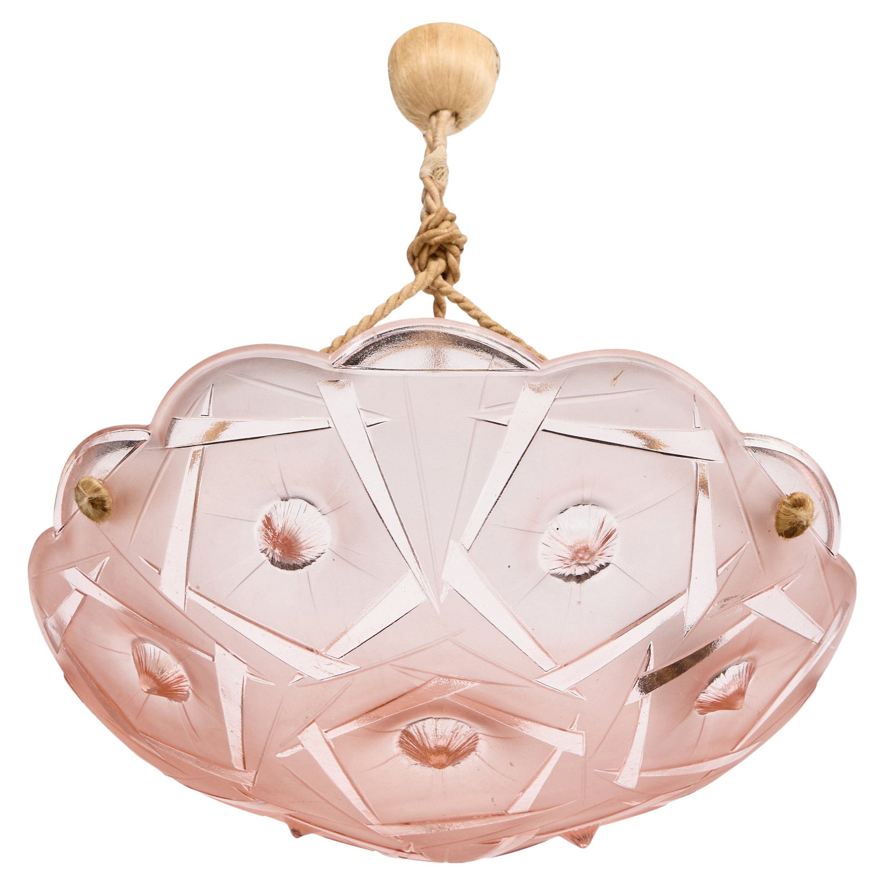 French Designer, Pendant Light, Glass, Fabric, France, 1940s