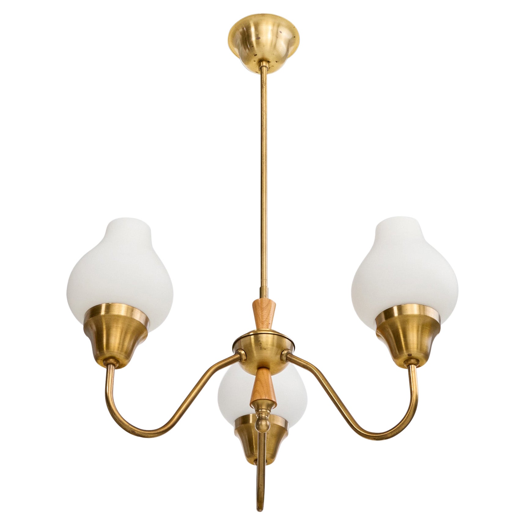 Swedish Designer, Chandelier, Brass, Oak, Glass, Sweden, 1950s
