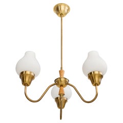 Swedish Designer, Chandelier, Brass, Oak, Glass, Sweden, 1950s