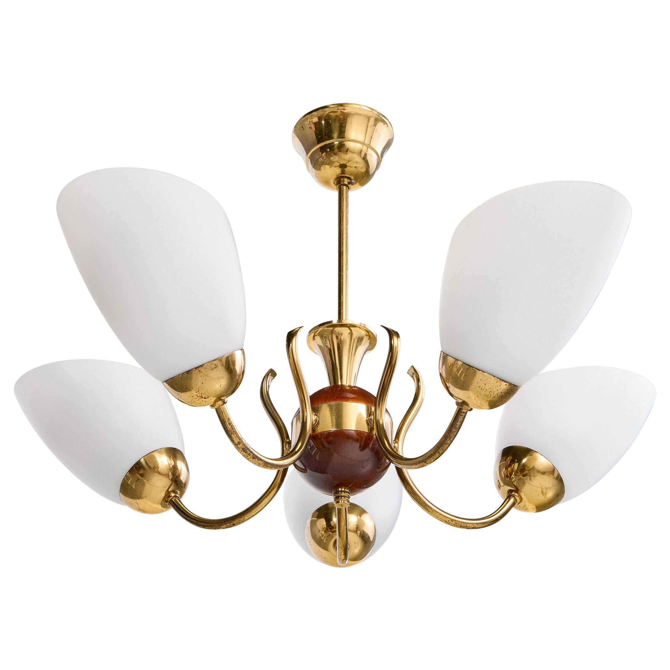 Swedish Designer, Chandelier, Brass, Wood, Glass, Sweden, 1950s