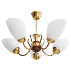Swedish Designer, Chandelier, Brass, Wood, Glass, Sweden, 1950s