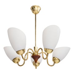 Swedish Designer, Chandelier, Brass, Wood, Glass, Sweden, 1950s
