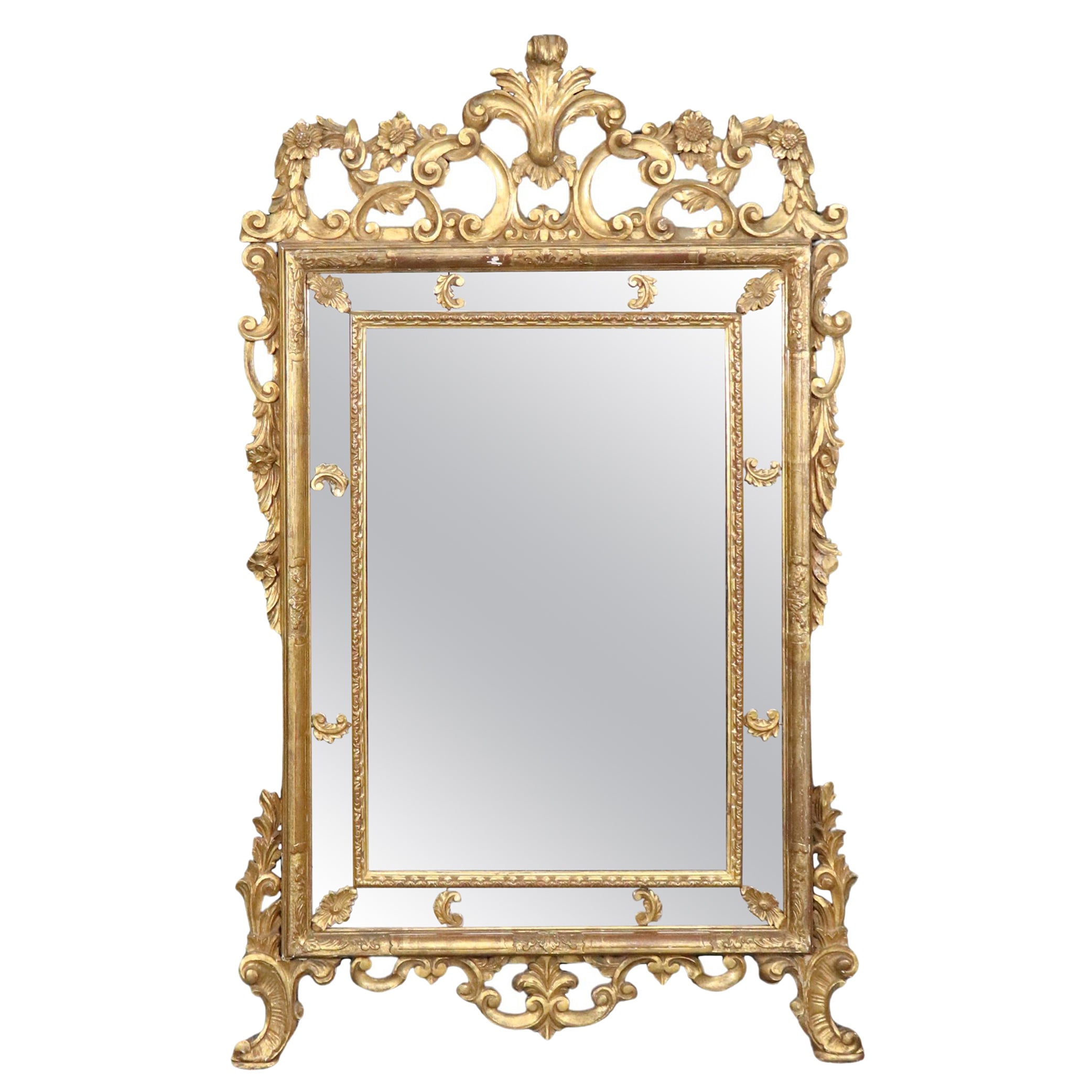 Spectacular Italian or French Style Giltwood Carved Walnut Tall Wall Mirror