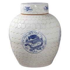 grande vaso cinese con coperchio in porcellana bianca e blu
