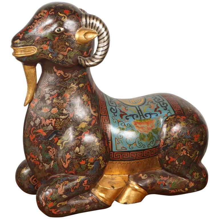Asian Wood Hand-Painted Figure of a Recumbent Ram For Sale at 1stdibs