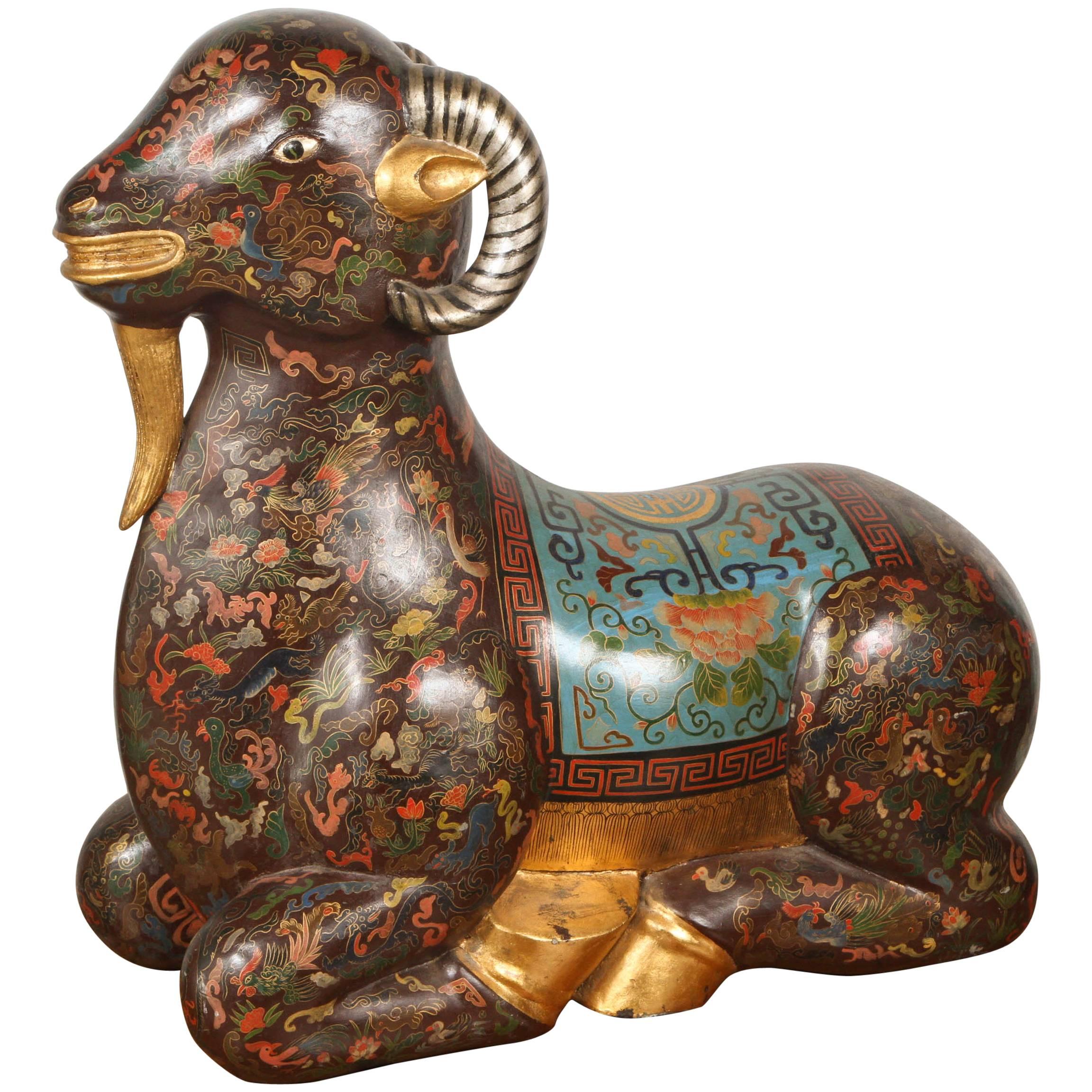 Asian Wood Hand-Painted Figure of a Recumbent Ram For Sale