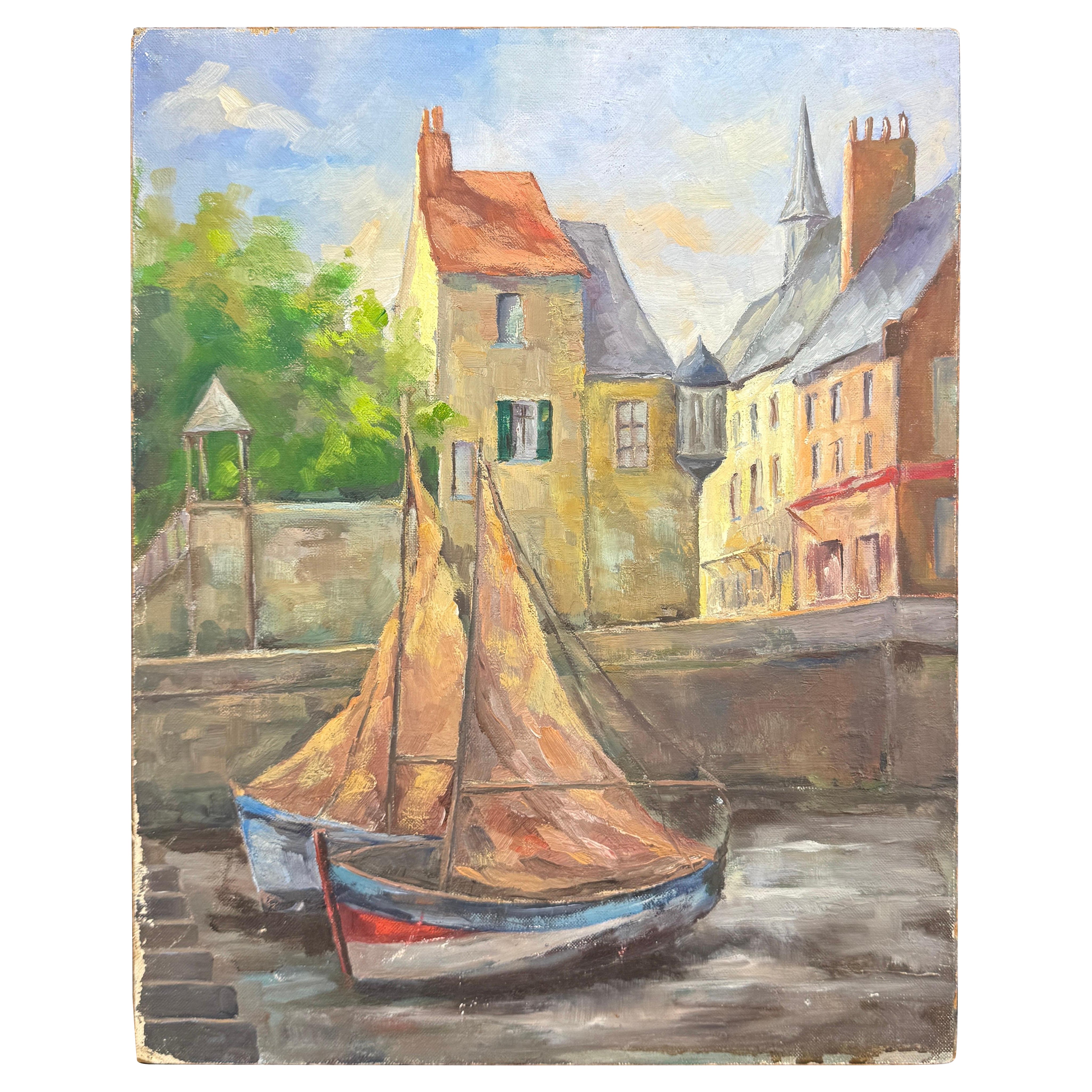Ciudad y puerto franceses Pintura al óleo sobre tabla con velero, Firmado E Perremous