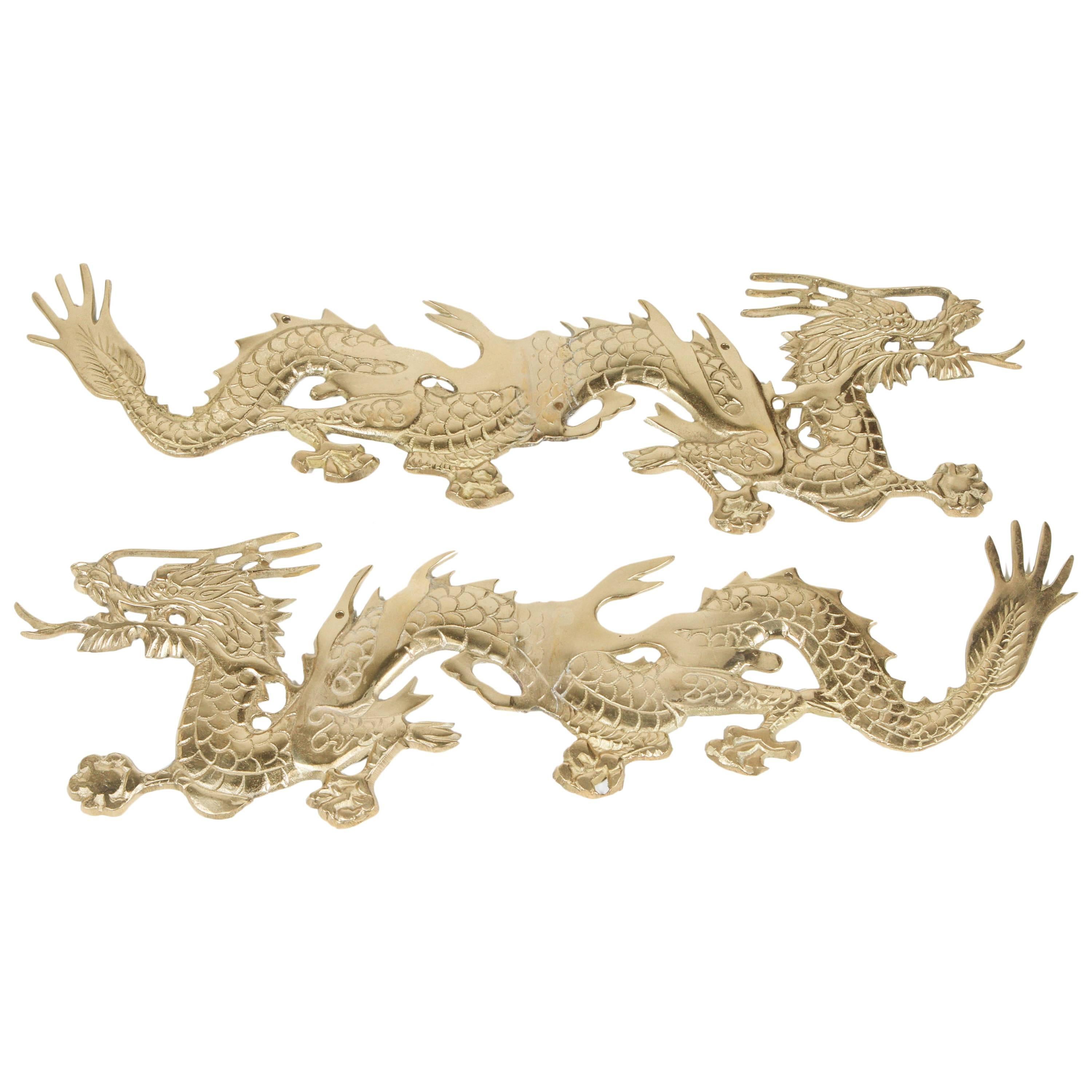 Pair of Asian Brass Dragons Chasing a Ball Wall Mount