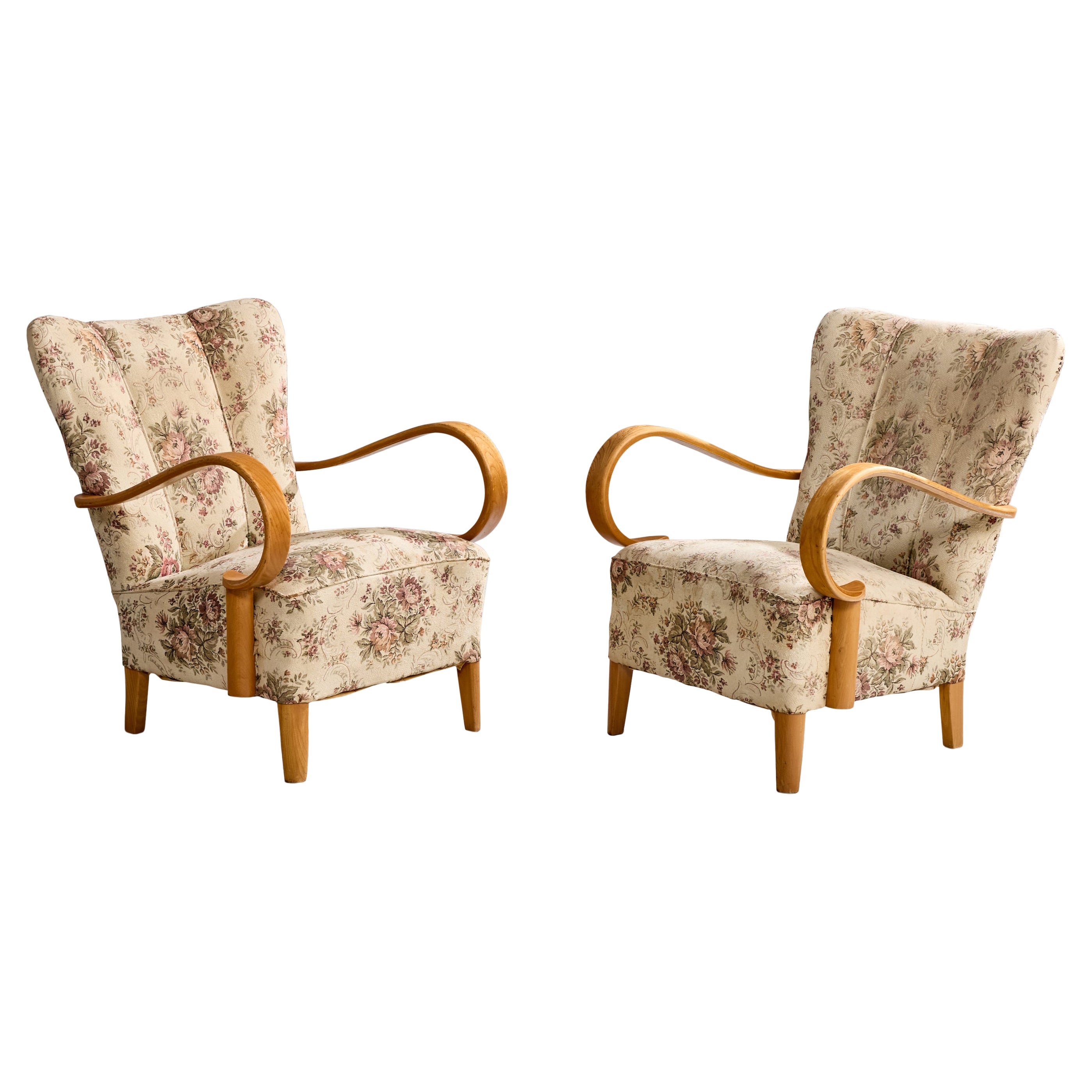 Swedish Designer, Lounge Chairs, Oak, Fabric, Sweden, 1940s