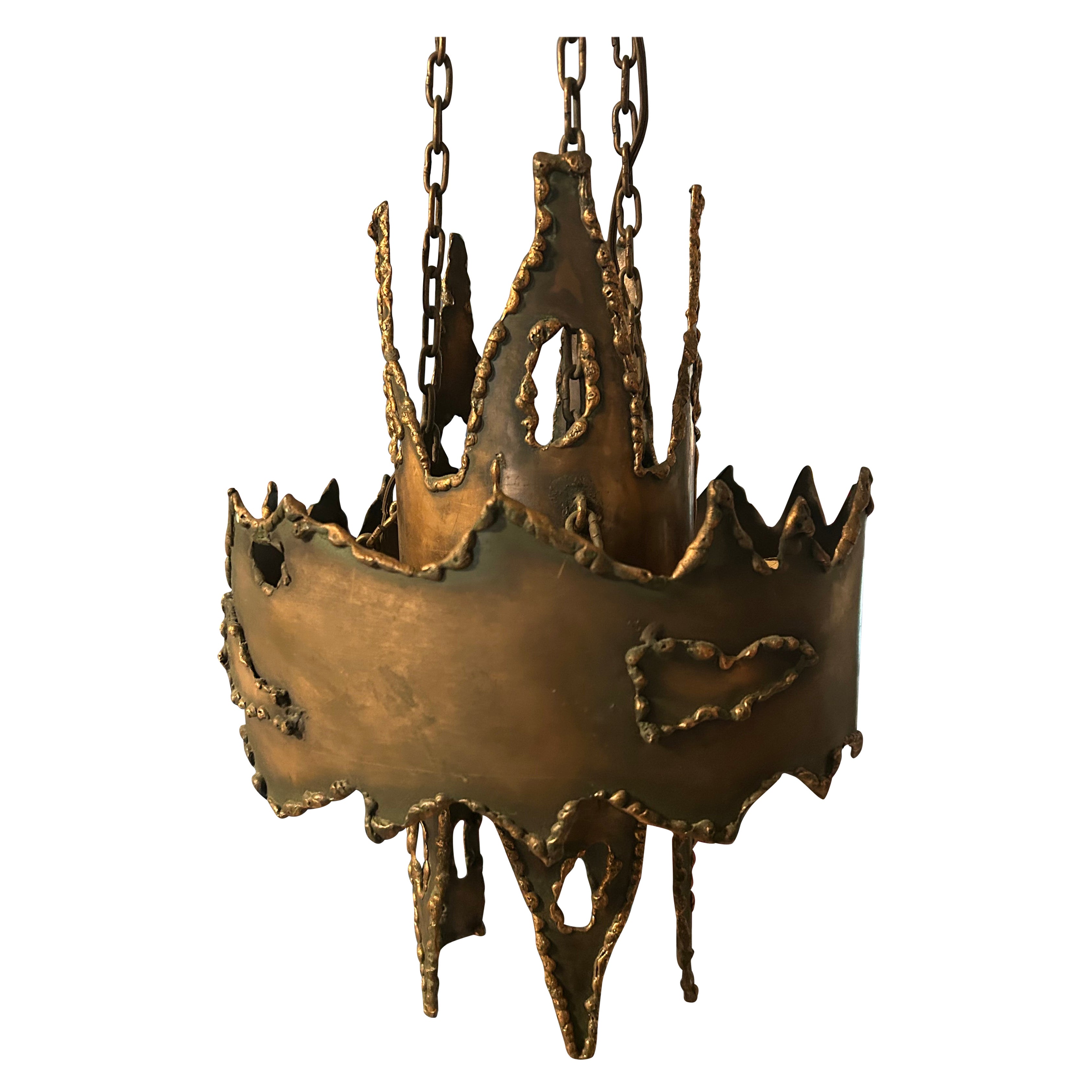 Rare Brutalist Mid Century 1970 Copper Brass Torch Cut Chandelier attr. Greene