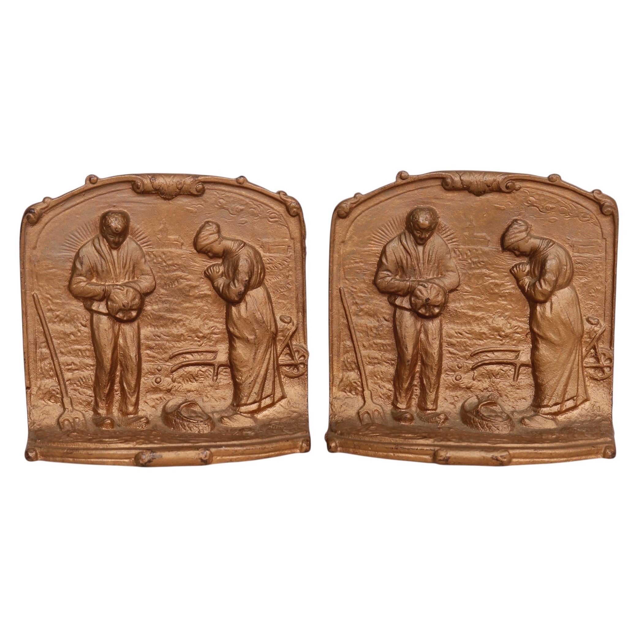 Bronze 'The Angelus Prayer at Harvest' Bookends, a Pair