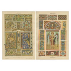 Antique Romanesque Decorative Prints by H. Dolmetsch, 1887, Manuscript and Mural Designs