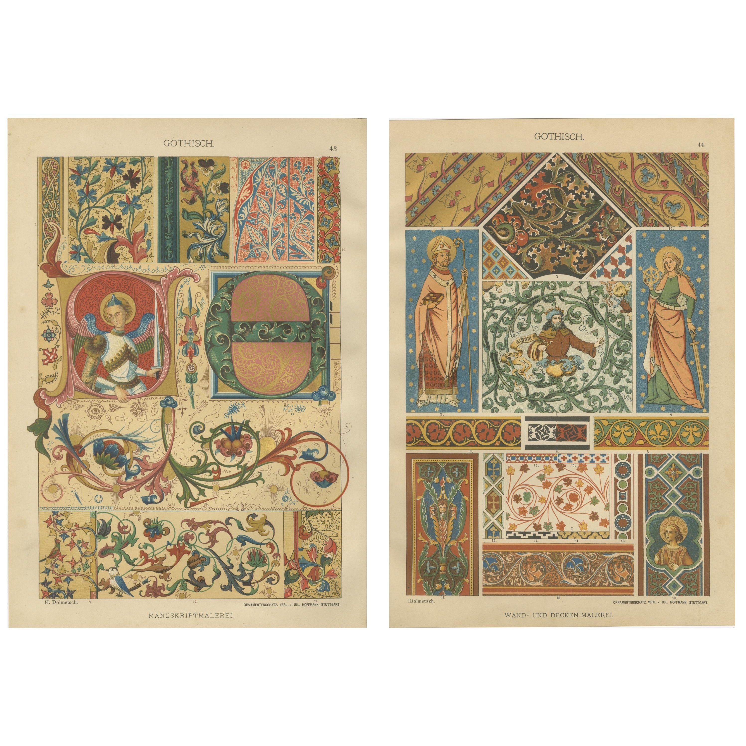 Pair of 19th Century Gothic Illuminated Ornament Prints Published in 1887 For Sale