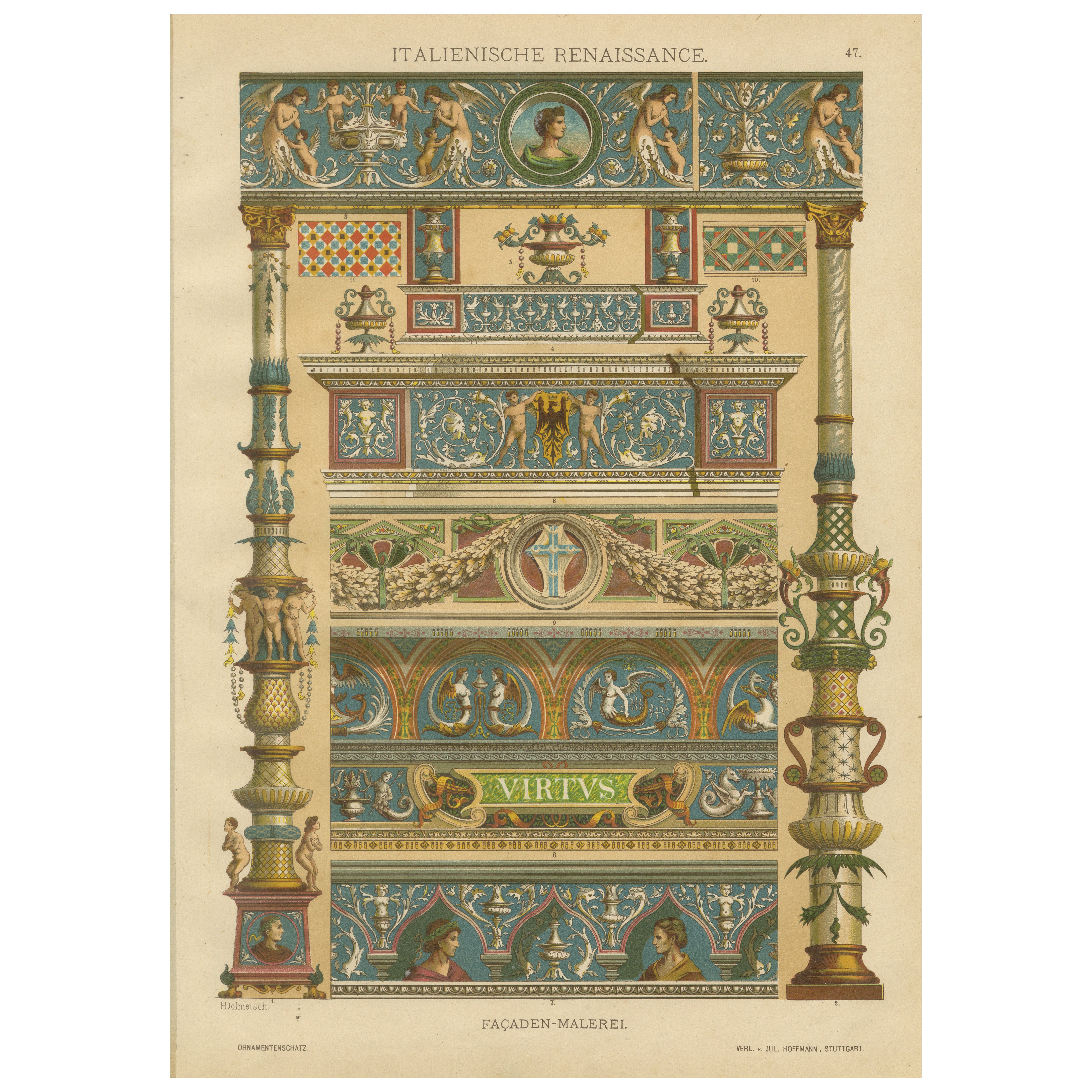 Italienischer architektonischer Friesdruck der Renaissance der Renaissance mit Virtus- Motto, 19. Jahrhundert