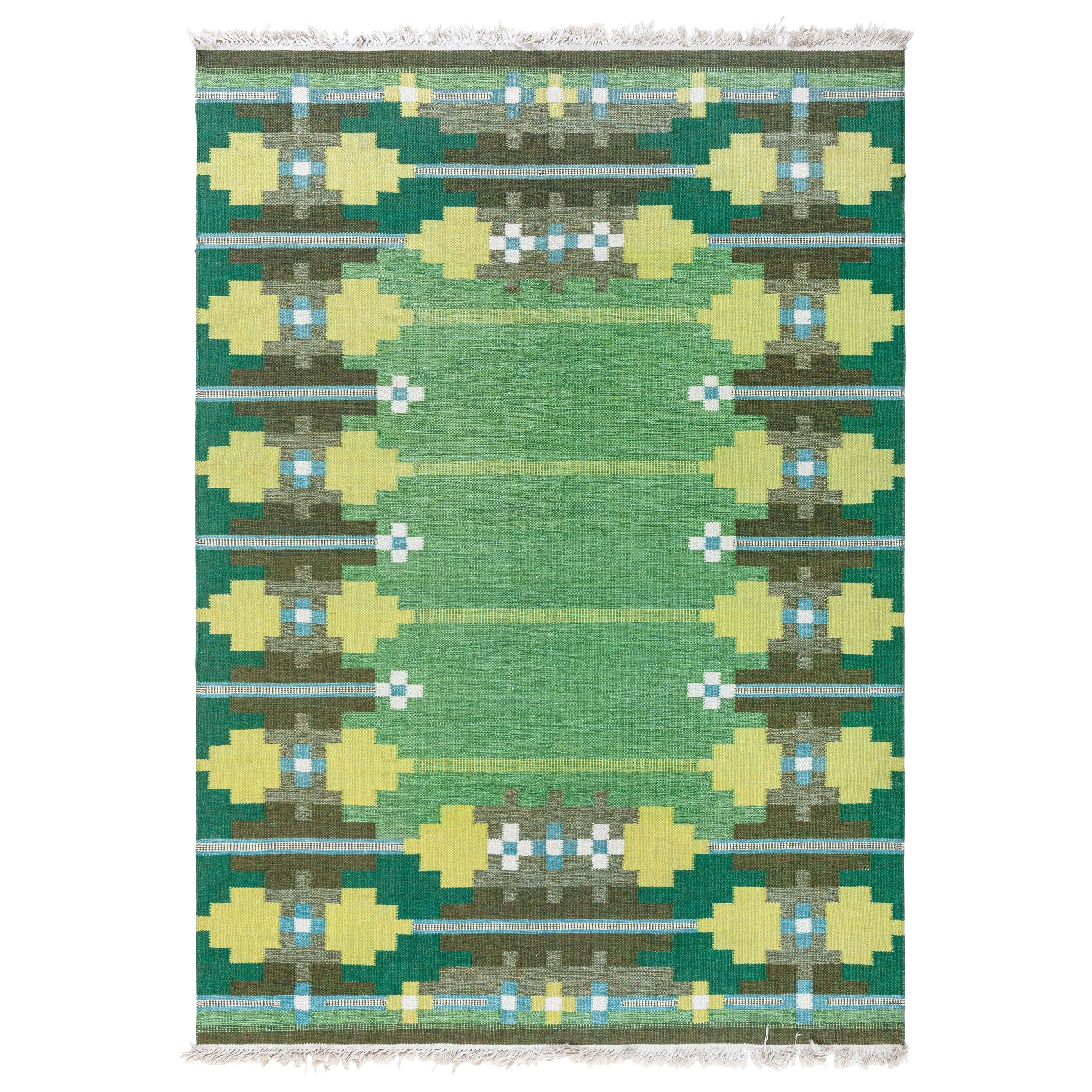 Tappeto svedese vintage Doris Leslie Blau con motivi geometrici e verde intenso
