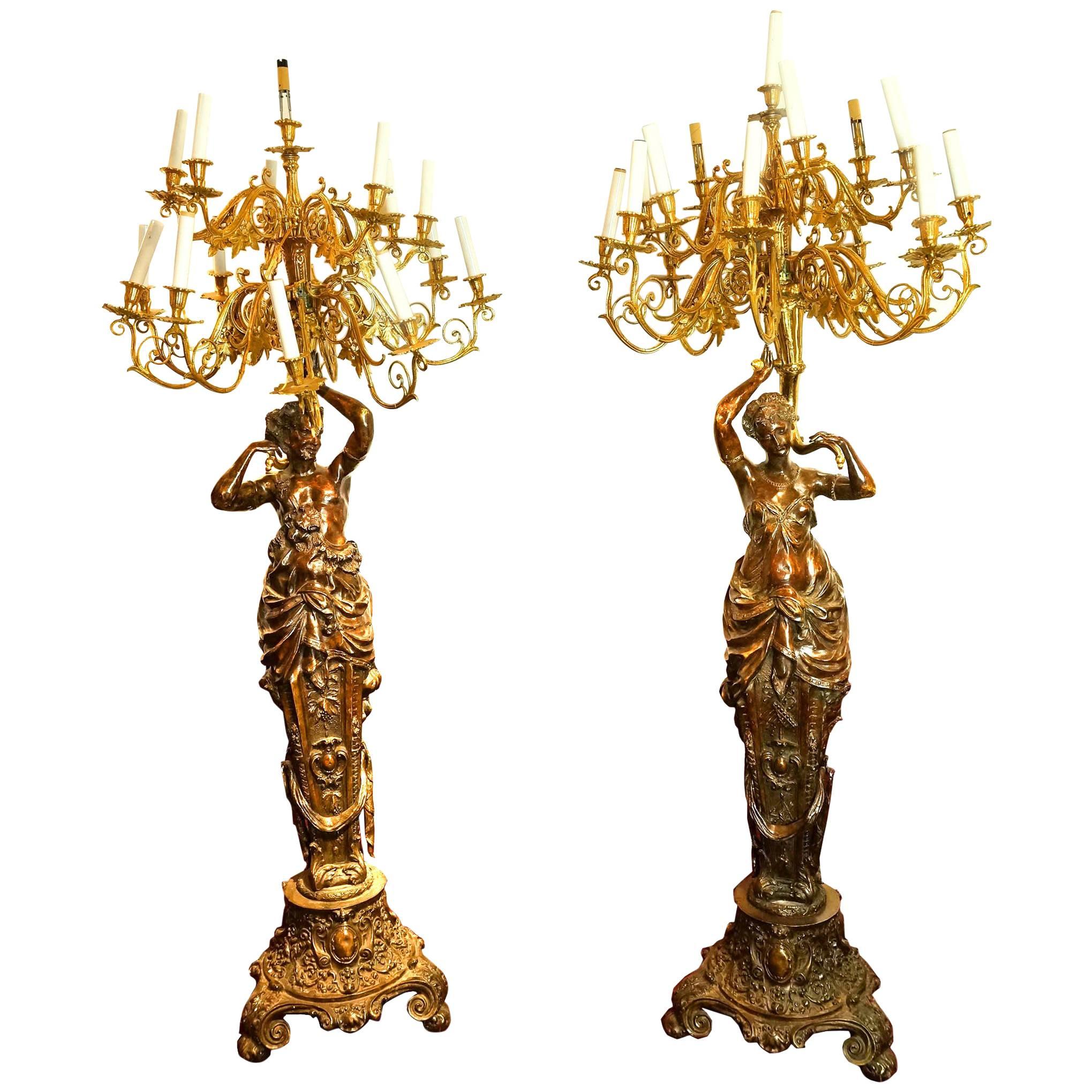 Large Pair of Gilt and Patinated Bronze Figural Torcheres