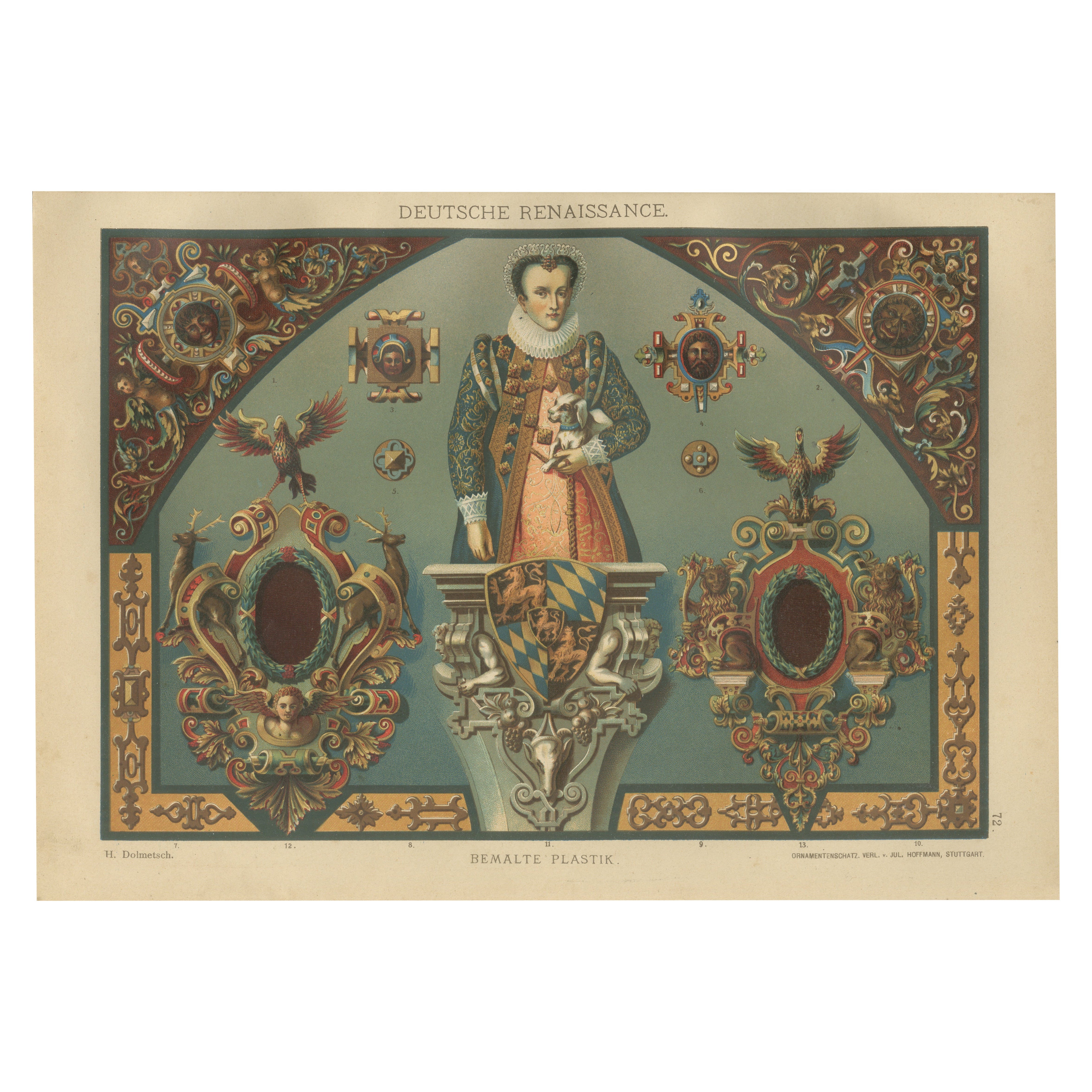 Estampa de escultura pintada renacentista alemana de Dolmetsch, Ornamentenschatz, 1887