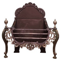 Antique Rococo Brass & Steel Fireplace Fire Basket by T Elsley in the Chippendale Manner