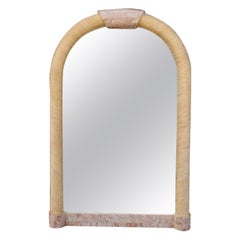 Arch Mirror, In the Style of Karl Springer, Tessellated Stone & Rattan, c. 1980s