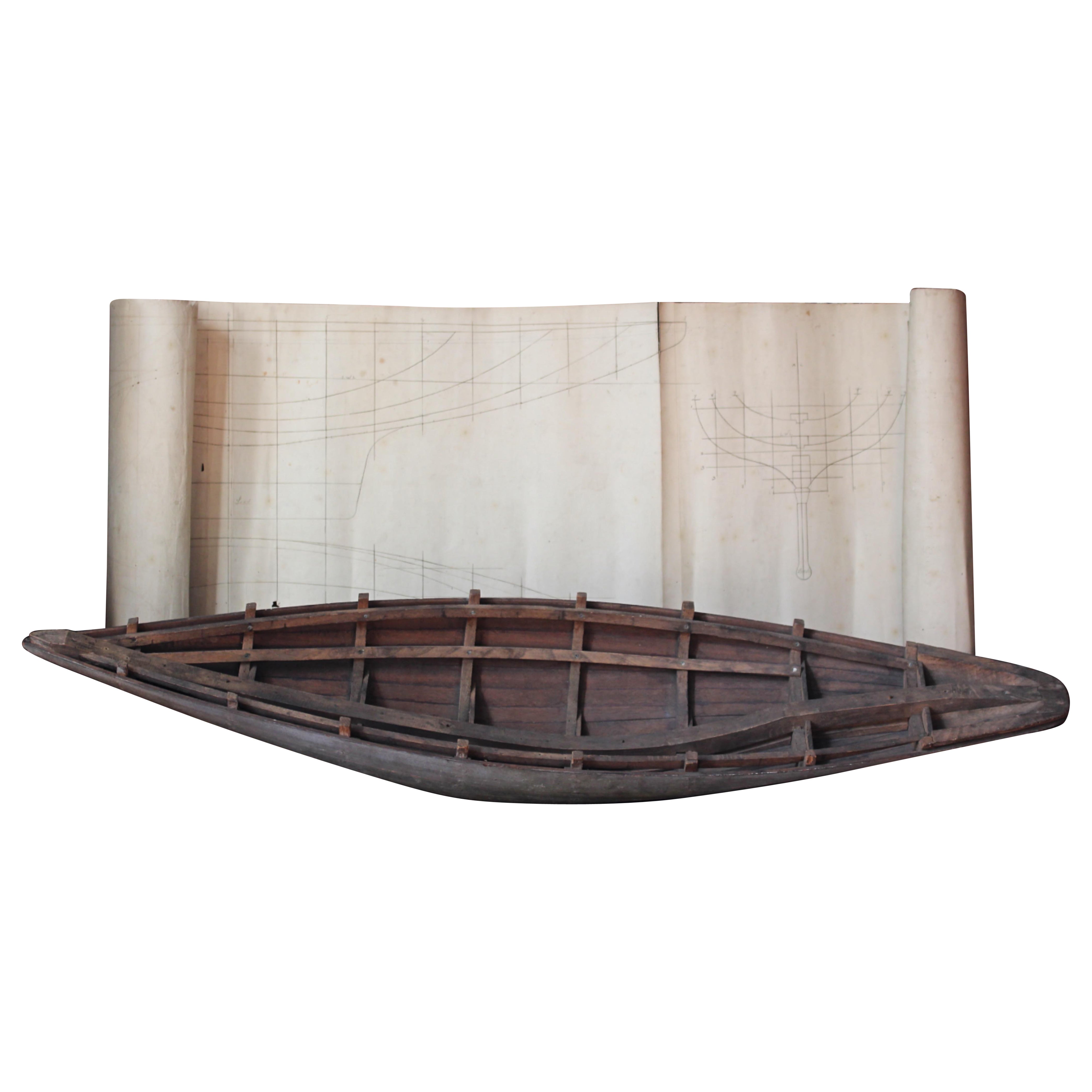 Modelo de casco de barco a escala del siglo XIX y planos de líneas Marinero naval Arte popular marítimo