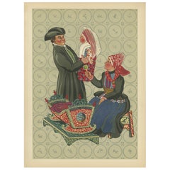 Vintage Hindeloopen Family with Painted Cradle, Dutch Costume, 1932