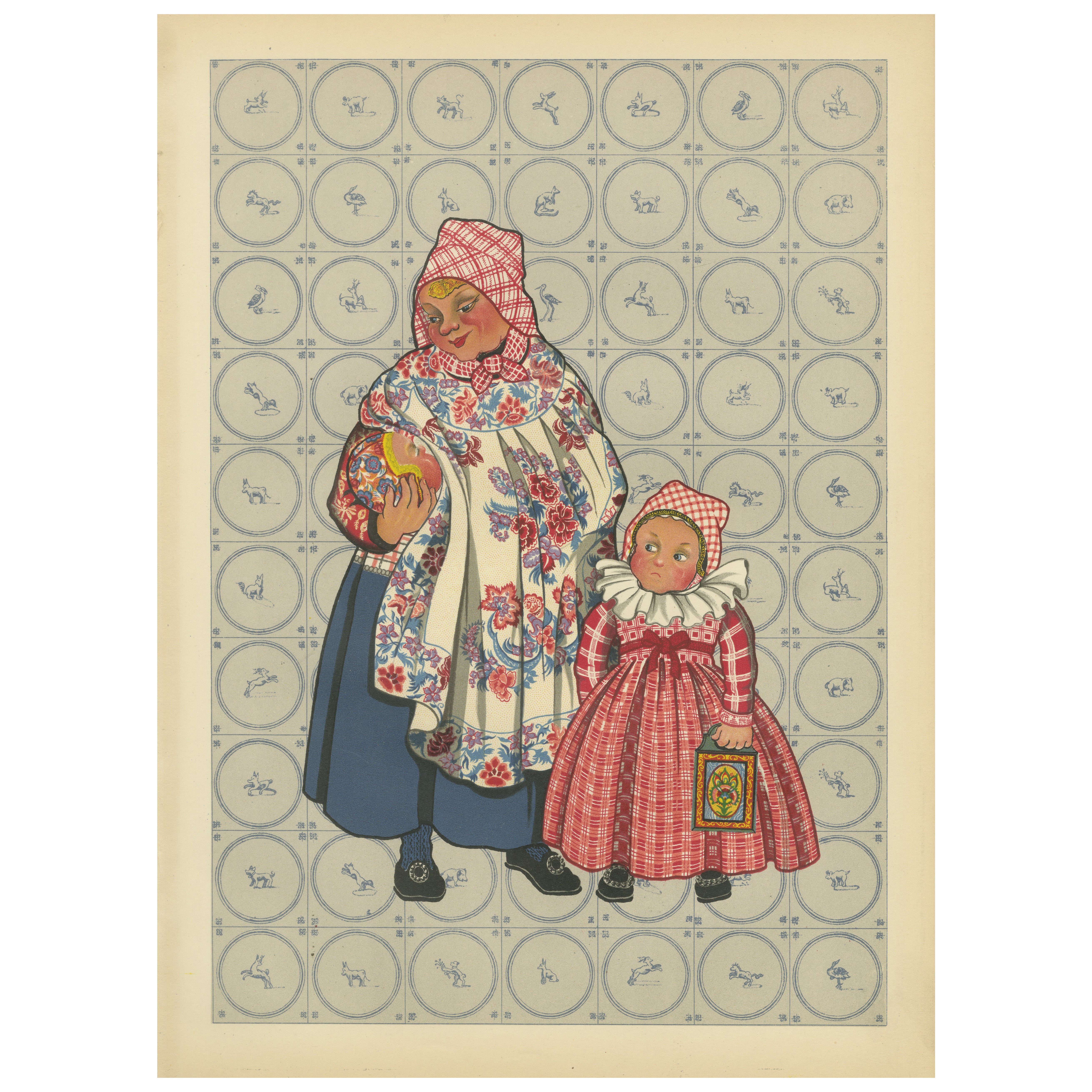 Old Lithographie einer Hindeloopen- Krankenschwester und Kinder mit bemaltem Schulkasten, 1932 im Angebot