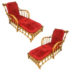 Rare Paul Frankl Styled Faux Rattan Outdoor/Patio Chaise Lounge Chair, Pair