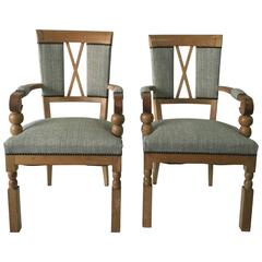 Elegant French Art Deco Pair of Natural Oak Armchairs 10