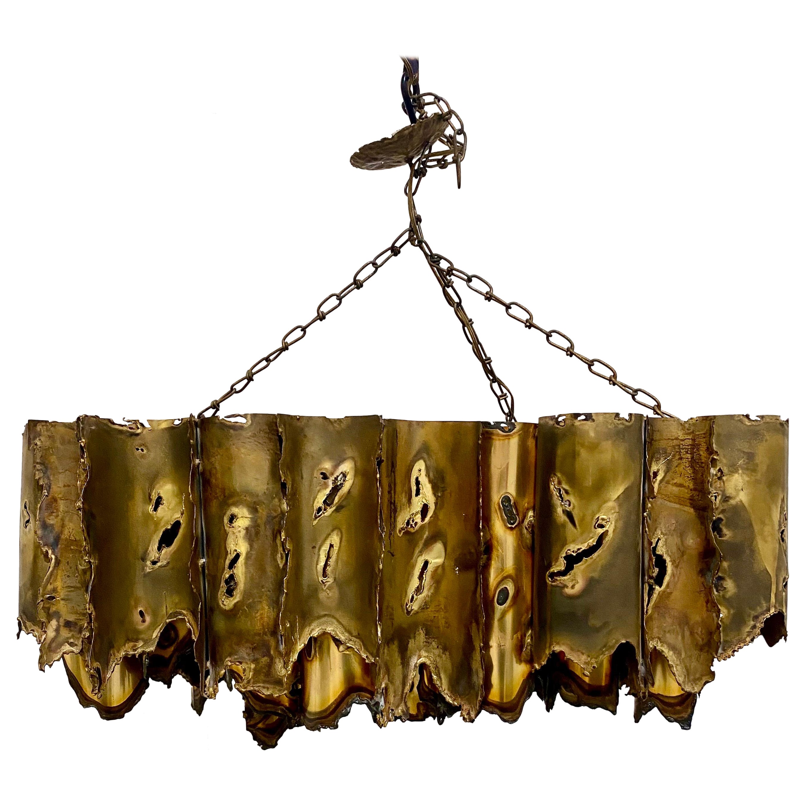 Tom Greene 1960s Brutalist Torch Cut Rectangular Brass Chandelier For Sale