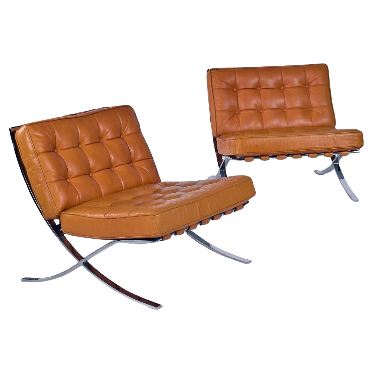 Bernhardt Flair Division Butterscotch Leather and Chrome Barcelona Chairs