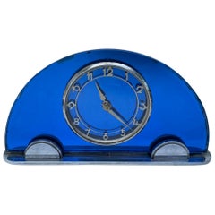 Vintage Art Deco Blue Mirror & Chrome Mantle Clock, By Smiths , c1930