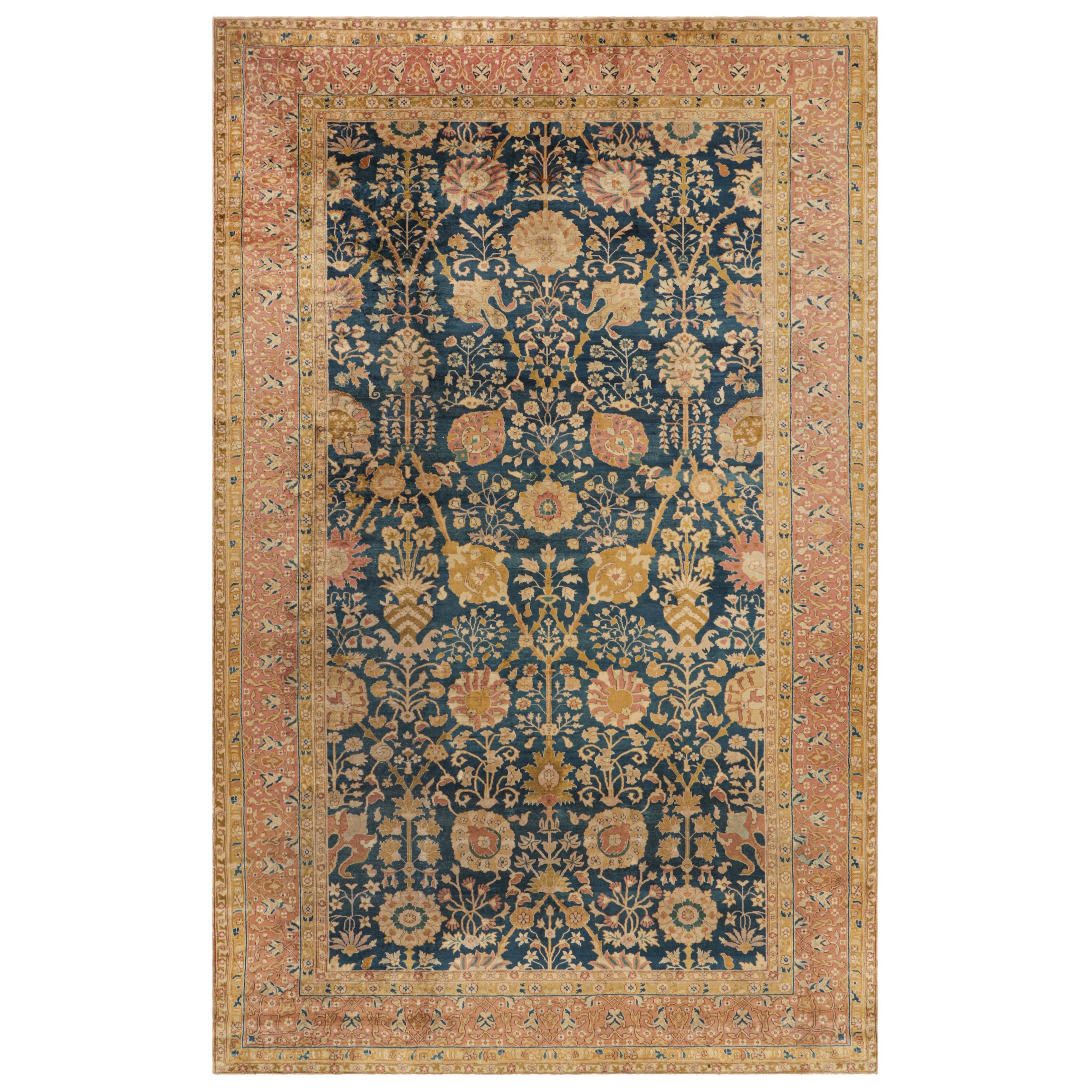Double-Sided Oversized Antique Agra Rug, Blue with Floral Patterns - Rug & Kilim