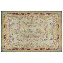 Oversized Antique Aubusson Rug, Green with Pictorial Medallion - Rug & Kilim