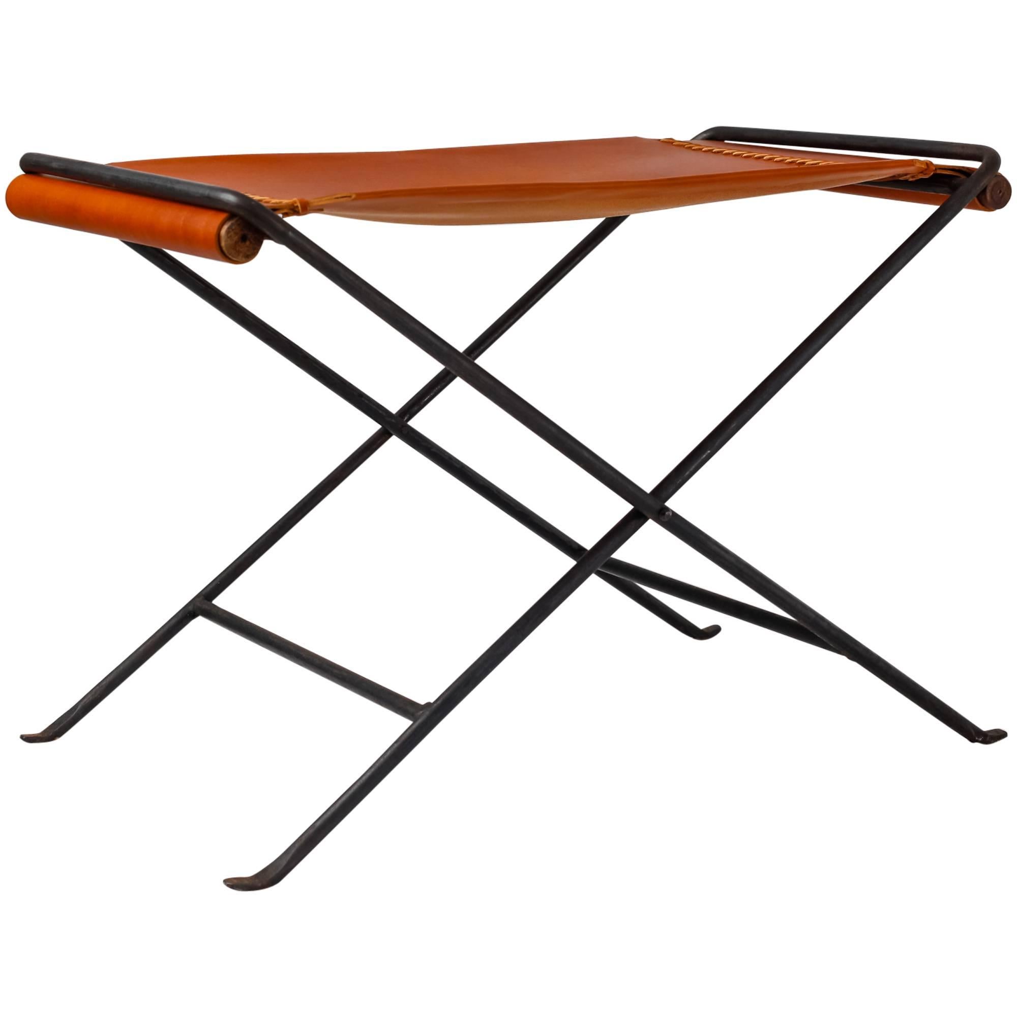  Leather and Iron Folding Stool in the style of Cleo Baldon, California, 1960s