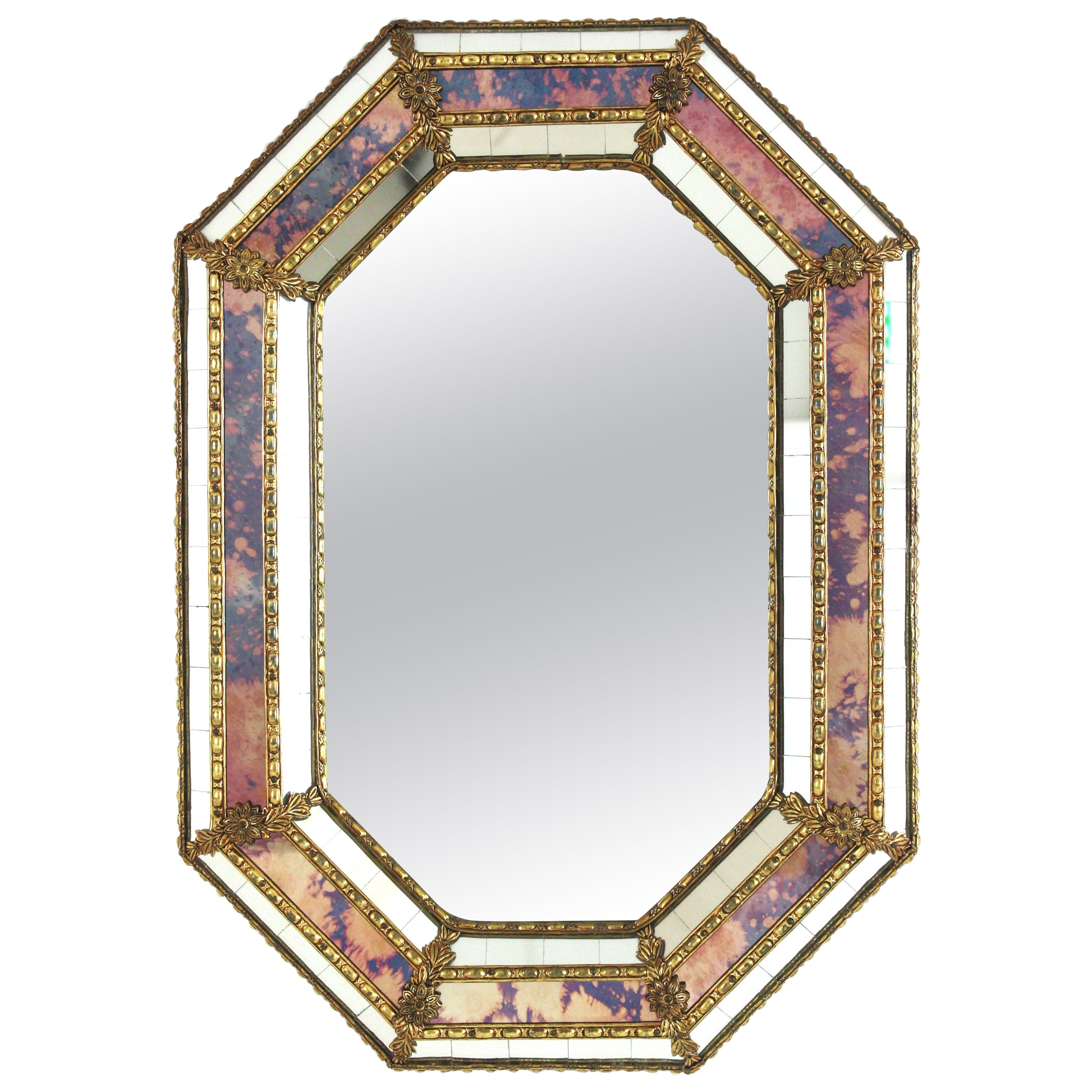 Venetian Modern Octagonal Small Wall Mirror, Pink Purple Glass and Brass Frame