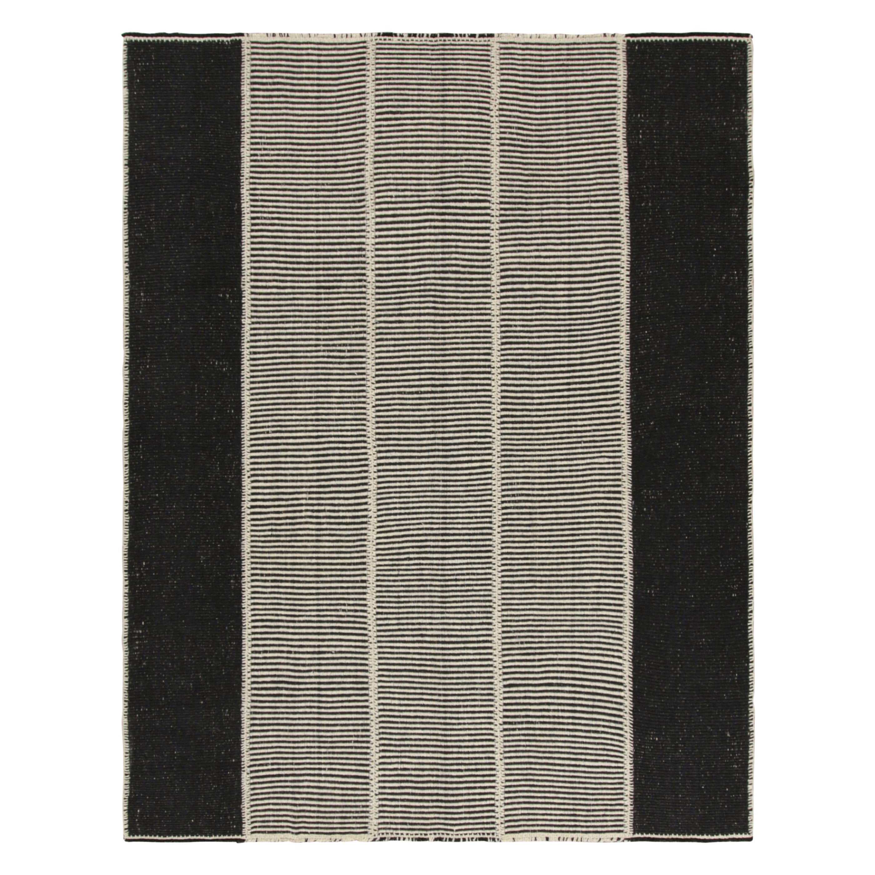 Rug & Kilim’s Contemporary Kilim with Textural Black and Cream White Stripes