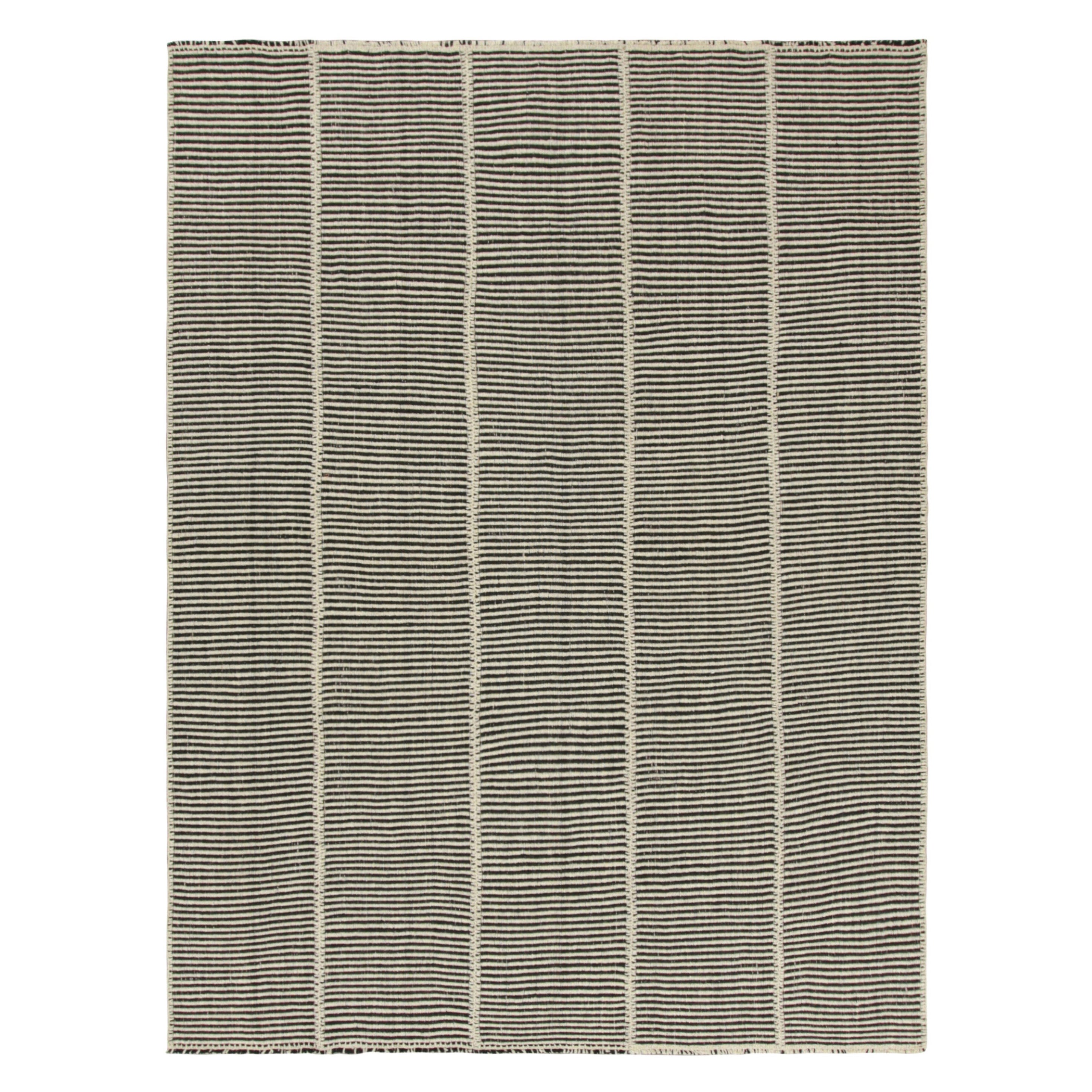 Rug & Kilim’s Contemporary Kilim with Textural Cream and Black Stripes