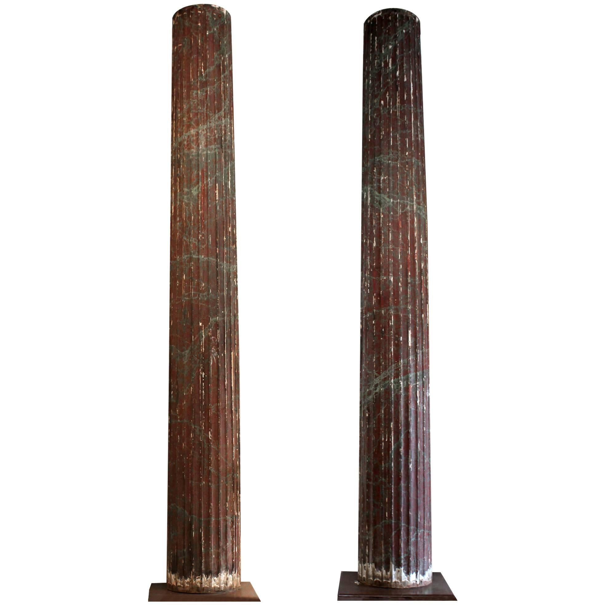 Pair of Large 10 Foot Fluted 19th Century Italian Wood Columns For Sale