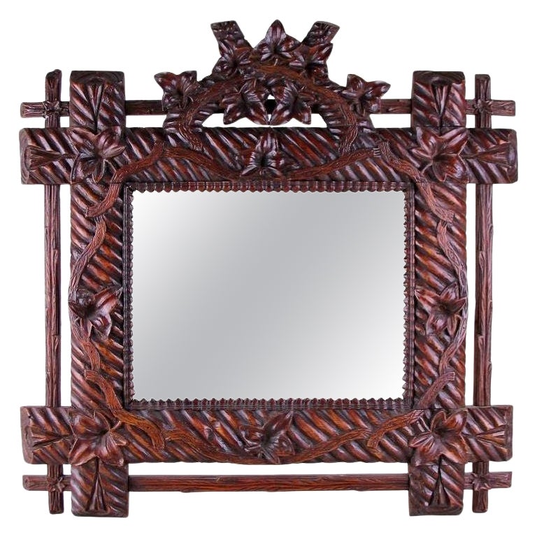 Specchio rustico Black Forest del XIX secolo, intagliato a mano, Germania, circa 1880