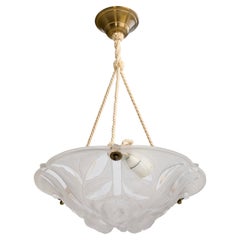 French Designer, Pendant Light, Glass, Rope, Brass, France, 1930s