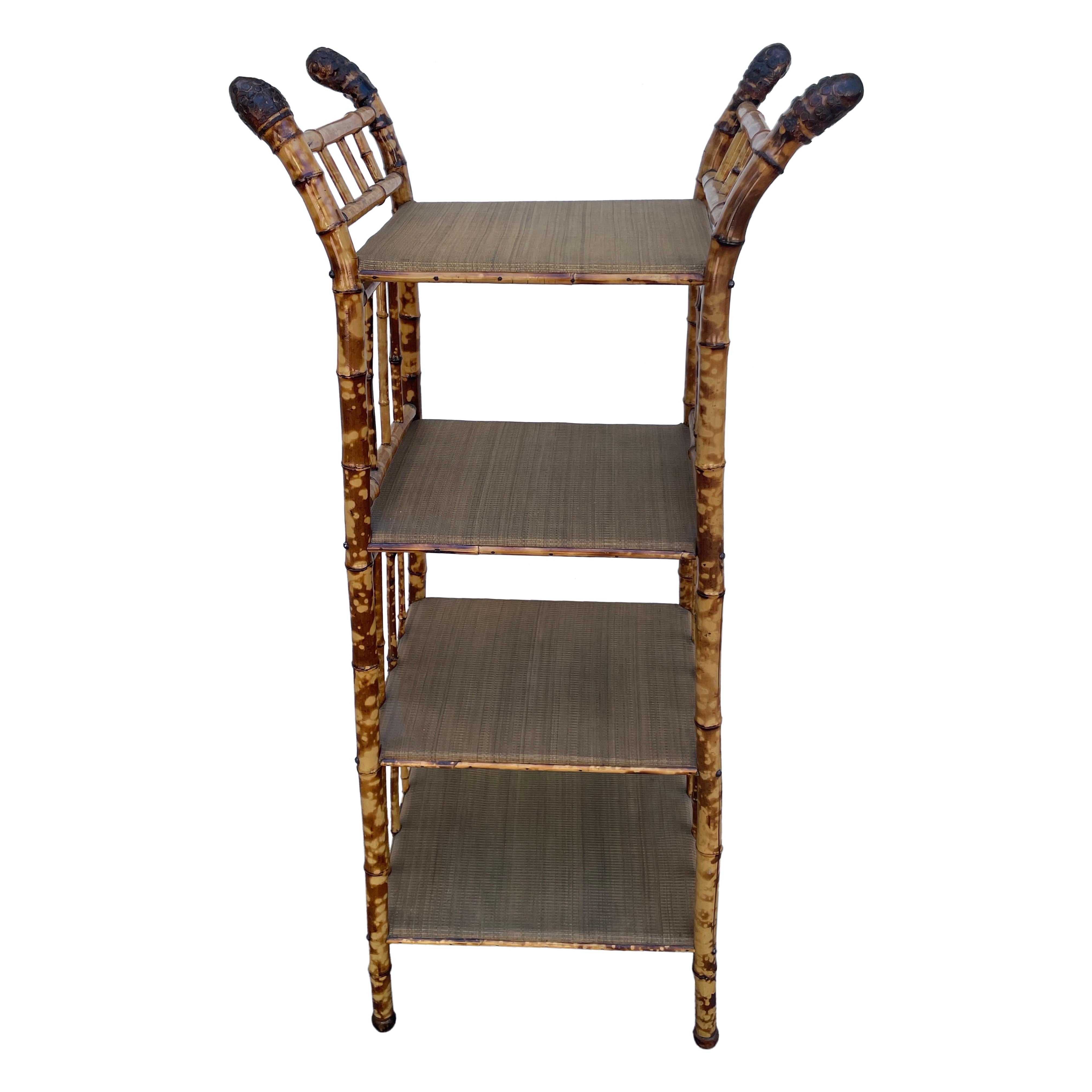 Antique Burnt Bamboo Etagere with Four Shelves