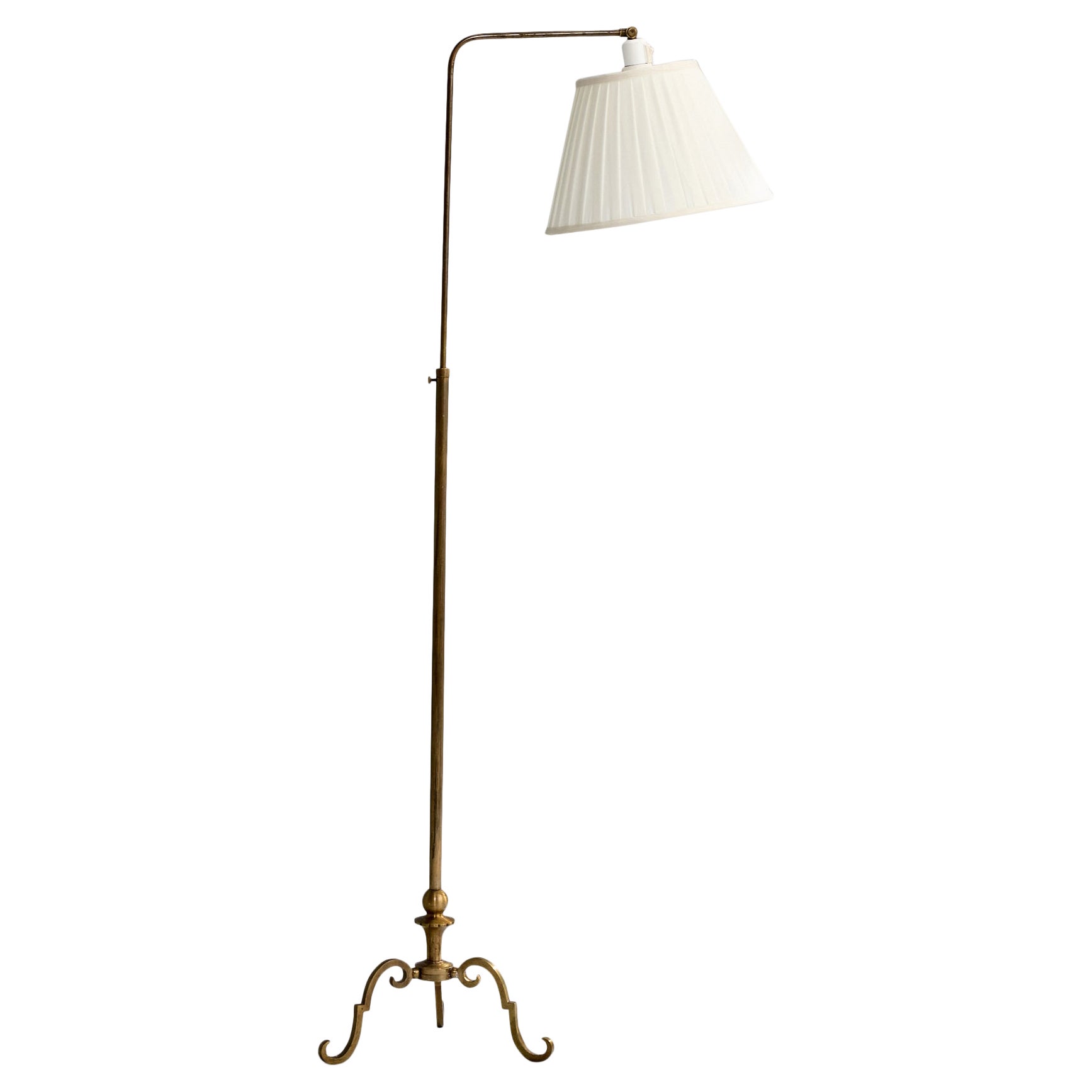 Danish Designer, Floor Lamp, Brass, Fabric, Denmark, 1920s