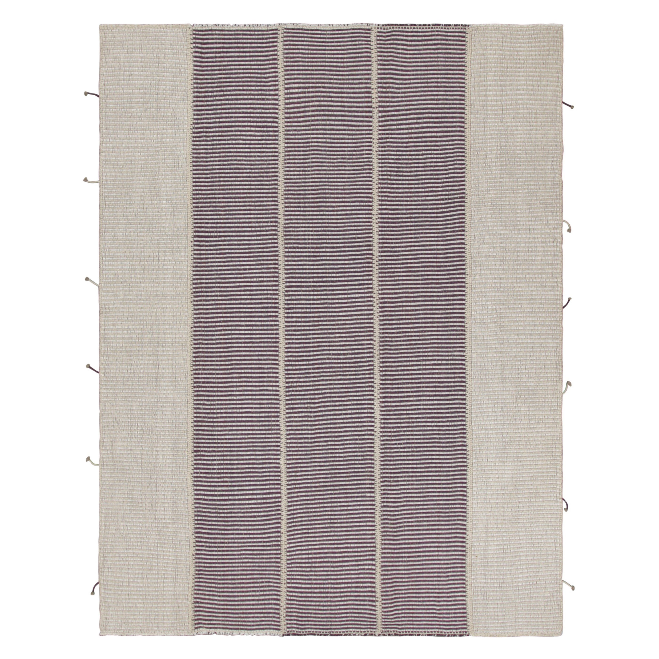 Rug & Kilim’s Contemporary Kilim with Textural Purple and Cream White Stripes