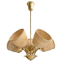 Itsu, Kronleuchter, Messing, Rattan, Finnland, 1950er Jahre