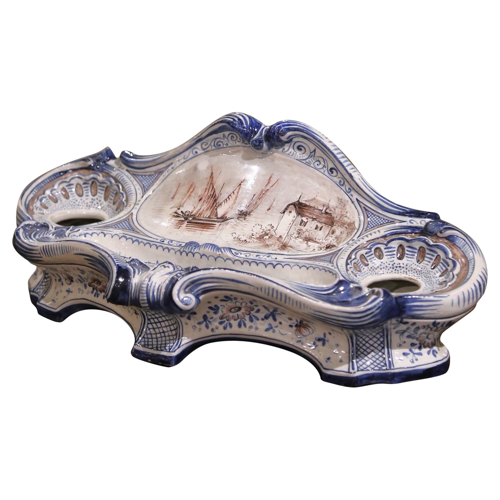 19th Century French Louis XV Hand Painted Delft Style Faience Inkwell Vide-Poche