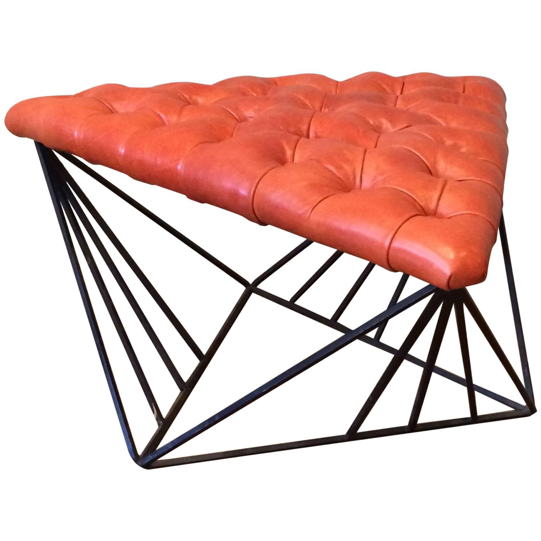 Modernist Leather And Geometric Wrought Iron Ottoman