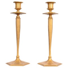 Vintage Tiffany Studios New York Bronze Doré Candlesticks, Pair